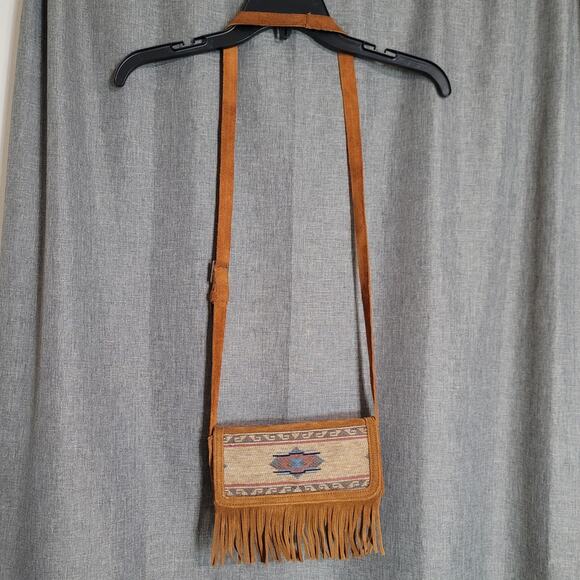 Minnetonka Suede Tan and Brown Fringe Crossbody Bag - Picture 1 of 16